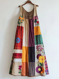 Colorful Floral Embroidered Patchwork Linen Blend Dress artswardrobe