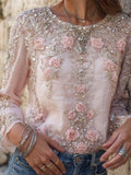 Comstylish Vintage Pink Roses Embroidered Crew Neck Linen Tunic
