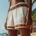 Women's Retro Vacation Embroidery Geometric Floral Art Print Cotton And Linen Shorts artswardrobe