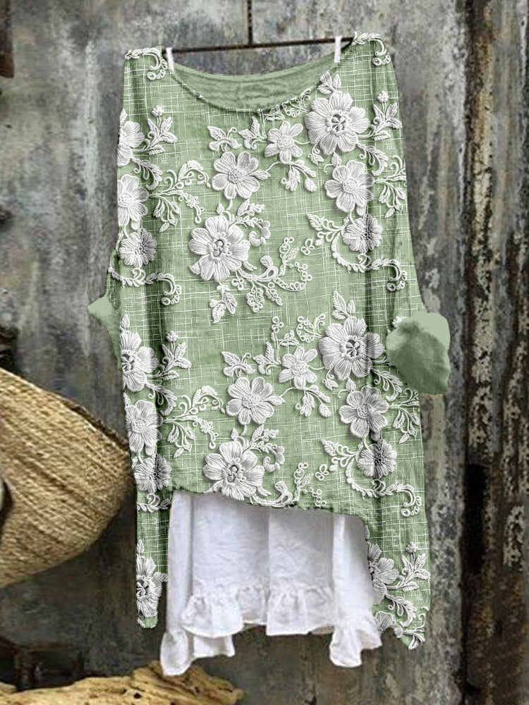 Comstylish Vintage Floral Lace Embroidered Linen Blend Flowy Tunic