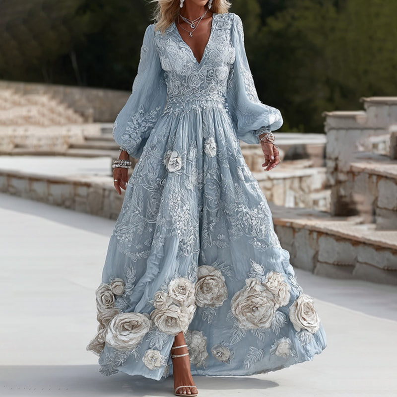 Comstylish Women's Vintage Blue Floral Embroidery Long Sleeve Casual Maxi Dress