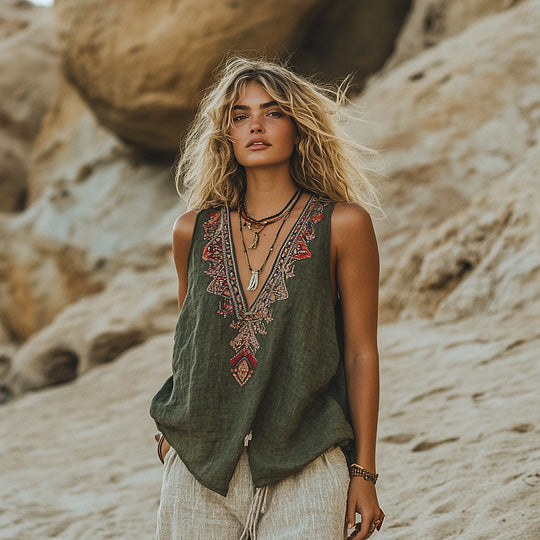 Women's Retro Bohemia Ethnic Style Linen V-neek Sleeveless Top artswardrobe
