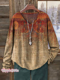 Women's Vintage Ethic Print Casual V-neck Long Sleeve T-shirt