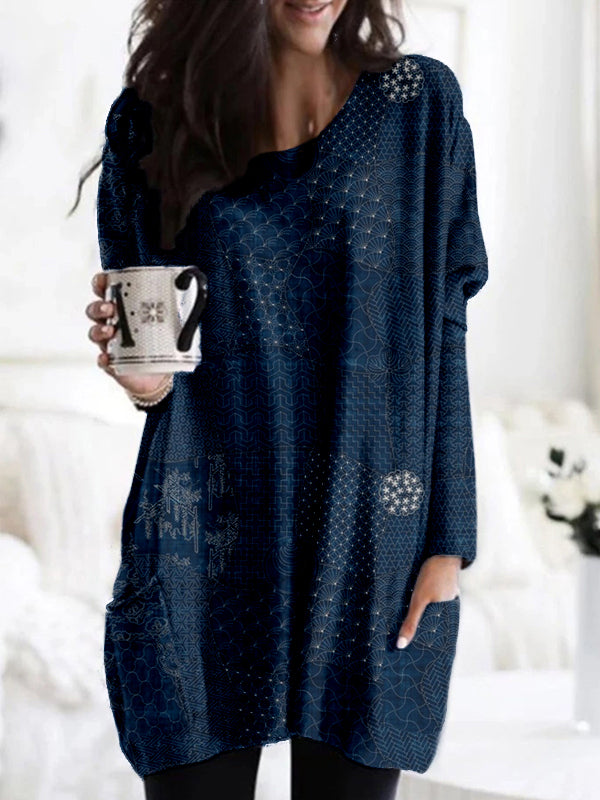Comstylish Japanese Traditional Sashiko Art Patch Pocket Cozy Tunic