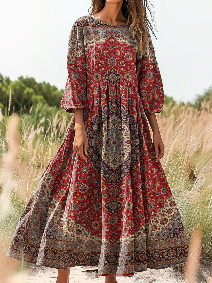 Women's Ethnic Tattoo Pattern Art Print Cotton Round Neck Dress