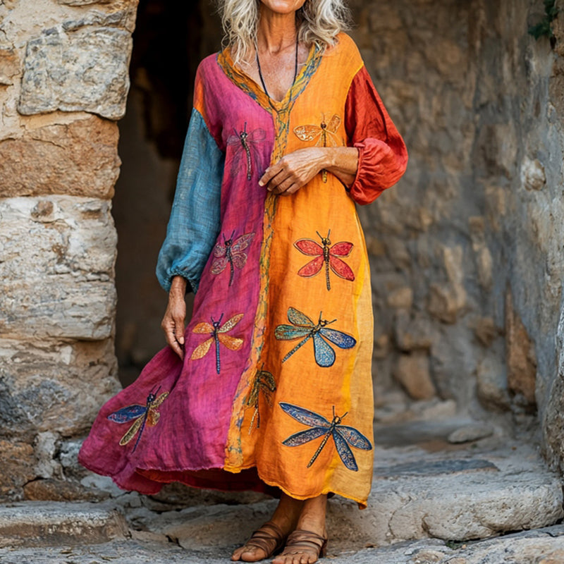 Women's Dragonfly Embroidery Contrast Color V-neck Loose Midi Dress artswardrobe