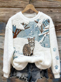Lovely Cat In Snowy Forest Cozy Plush Sweatshirt elevenforest