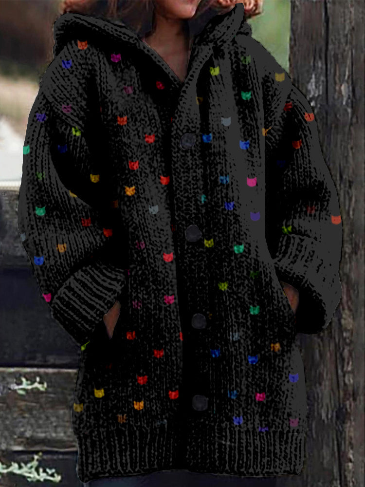 Cute Little Kitty Pattern Cozy Hooded Knit Cardigan elevenforest
