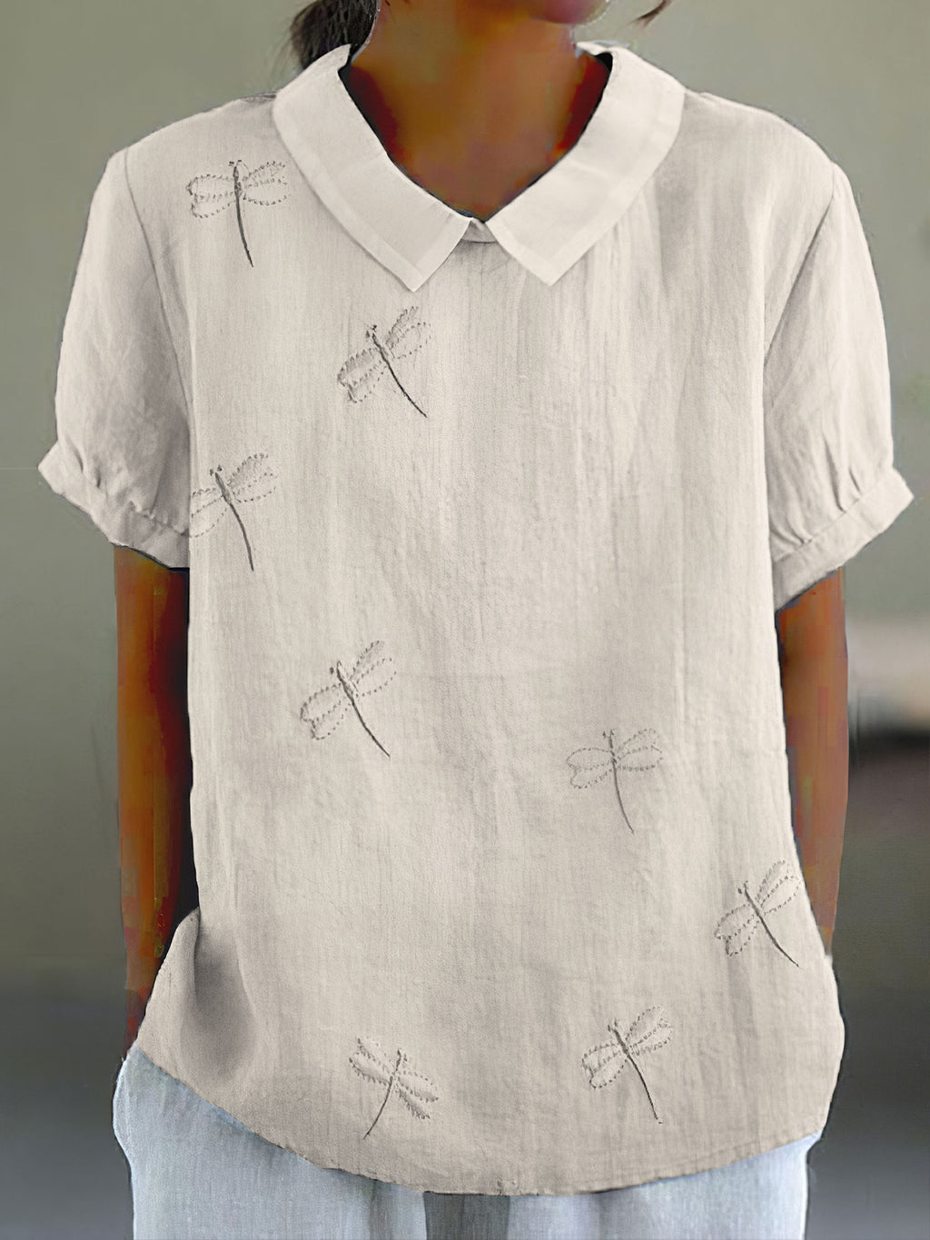 Comstylish Women's Vintage Dragonfly Embroidery Art Casual Lapel Shirt