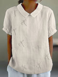 Comstylish Women's Vintage Dragonfly Embroidery Art Casual Lapel Shirt