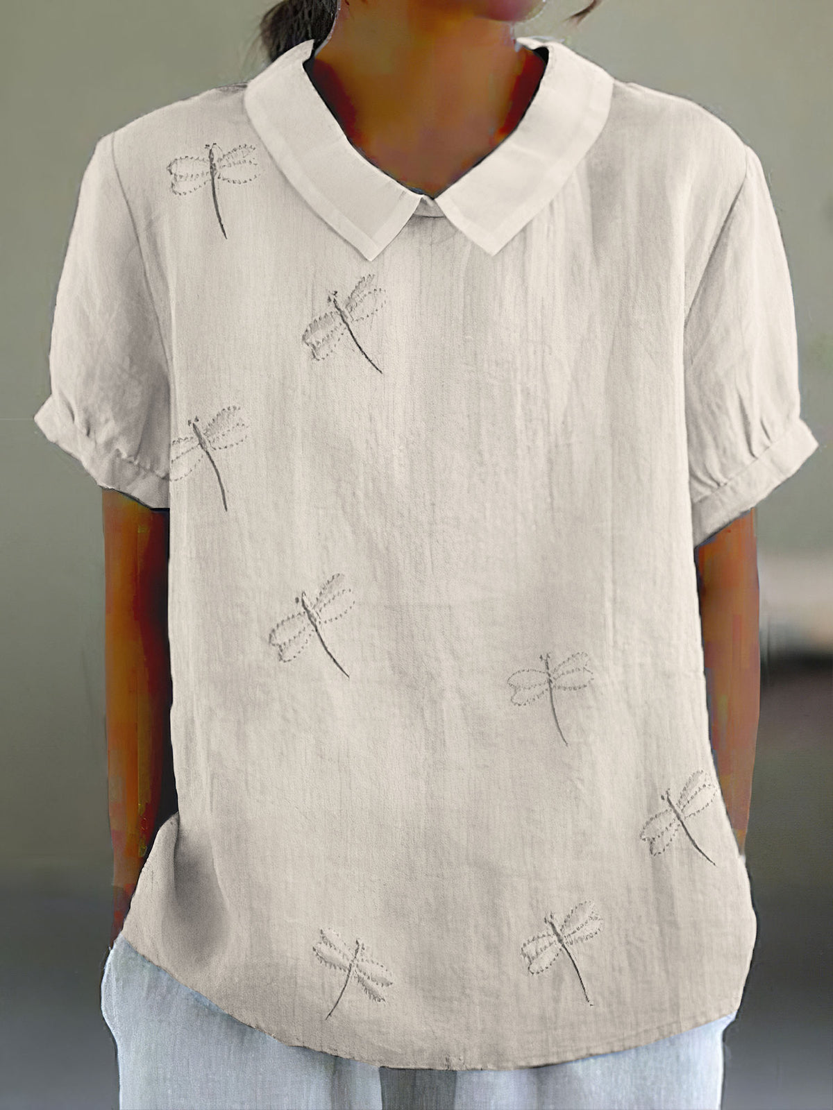 Comstylish Women's Vintage Dragonfly Embroidery Art Casual Lapel Shirt