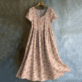 Women's Vintage Rose Print V-neck Short Sleeve Linen Blend Midi Dress artswardrobe
