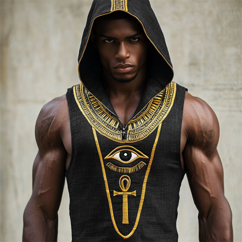Men's Eye Of Horus Ankh Ancient Egyptian Hooded Linen Tank artswardrobe