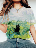 Summer Field & Black Cat Short Sleeve T-Shirt elevenforest