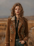 Comstylish Women's Retro British Style Plant Flower Embroidery Velvet Suit Coat