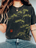 Comstylish Pine Tree Japanese Embroidery Art Vintage T Shirt