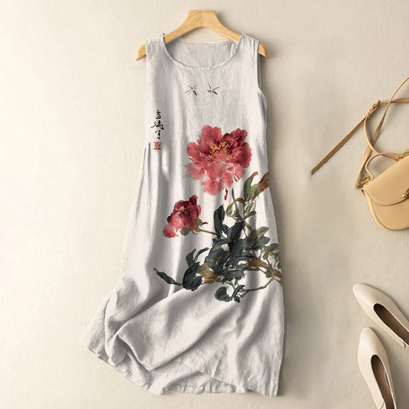 Comstylish Vintage Japanese Ink Flower Calligraphy Art Print Sleeveless Cotton And Linen Midi Dress