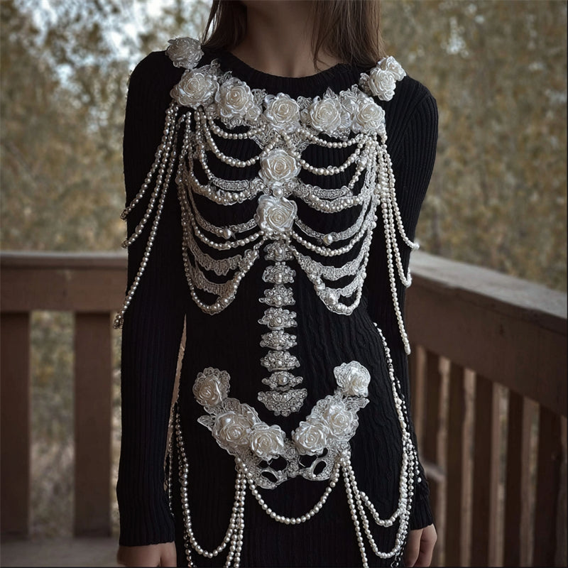Comstylish White Roses Skeleton Pearls & Lace Art Sweater Dress