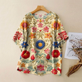 Vintage Bohemian Ethnic Colorful Floral Linen Art Print Short Sleeve Round Neck Shirt artswardrobe
