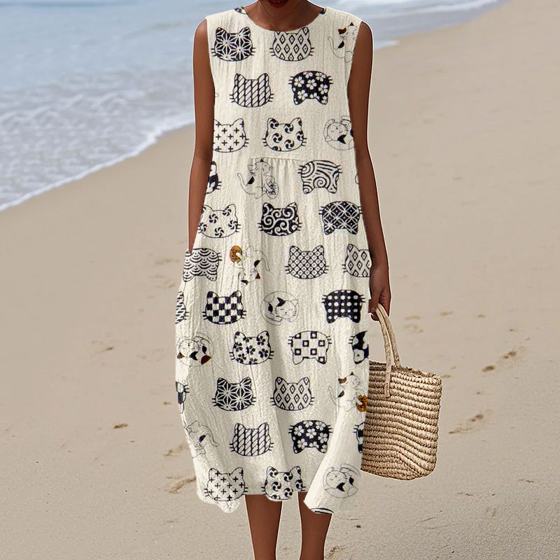 Cute Cat Heads Pattern Linen Tank Dress