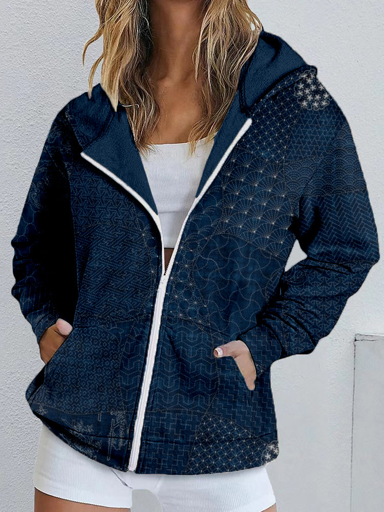 Comstylish Japanese Traditional Sashiko Art Zip Up Hoodie
