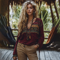 Retro Ethnic Style Embroidered Linen V-neck Shirt artswardrobe