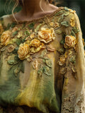 Comstylish Vintage Yellow Roses Lace Hem Dyed Linen Tunic