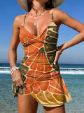 V-Neck Geometric Flowers Art Print Suspender Skirt Tankini Pantskirt Set Swimsuit