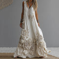 Women's Vintage White Rose Embroidered V-neck Sleeveless Maxi Dress artswardrobe