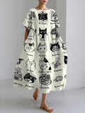 Cute Black Cat Print  Linen Blend Maxi Dress elevenforest