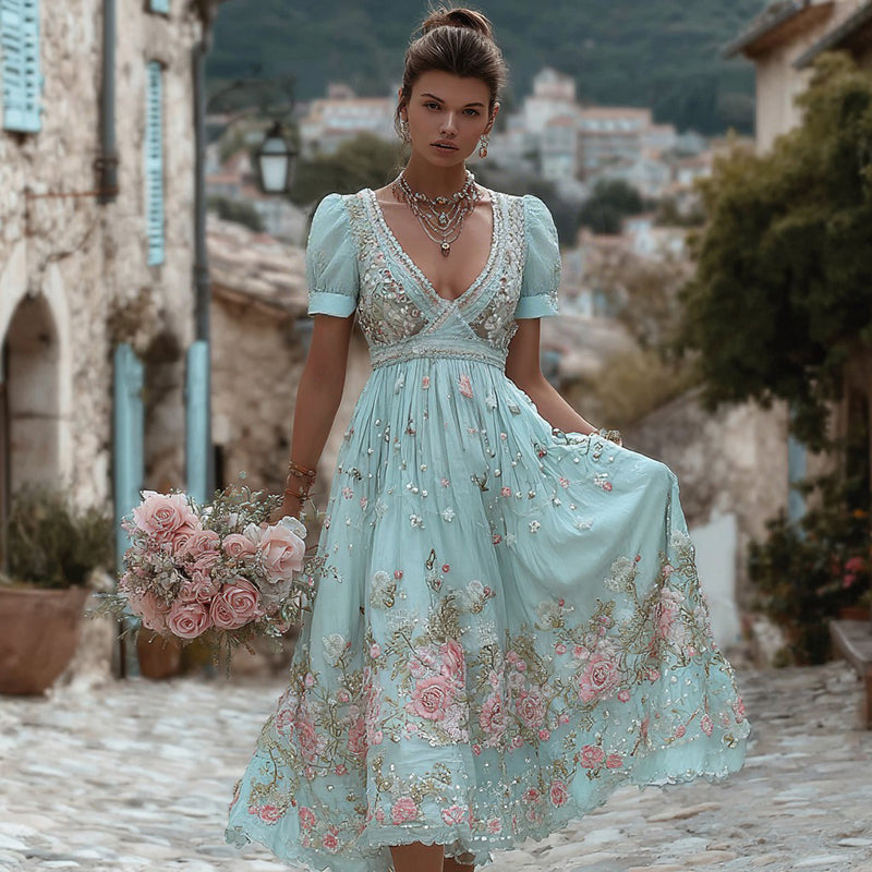 Comstylish Women's Vintage Floral Embroidery Short Sleeve Dress