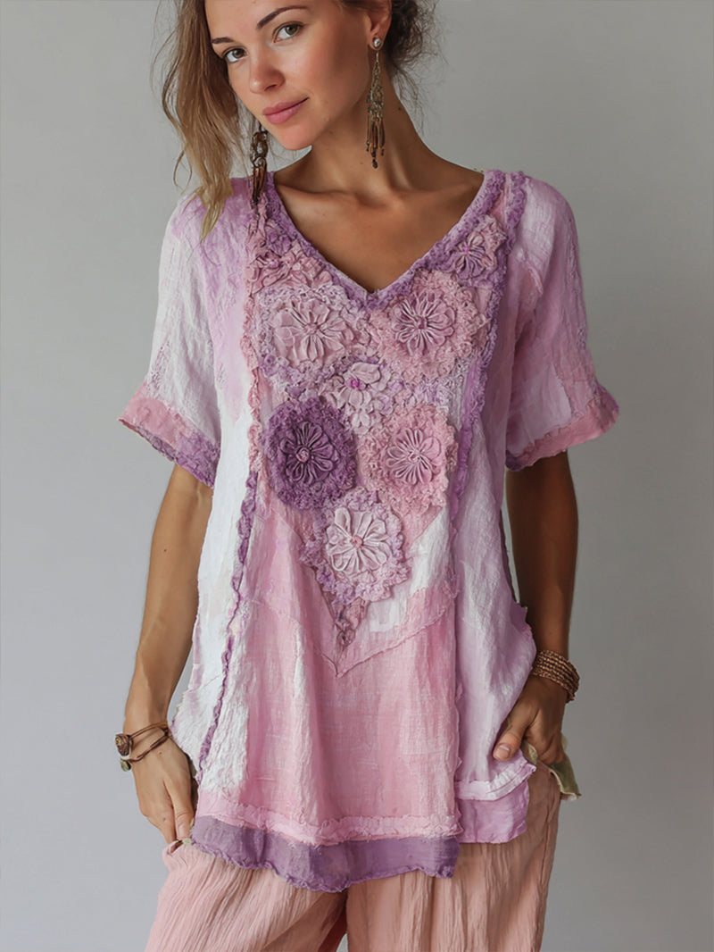 Women's Vintage Floral Color Block Linen Short Sleeve T-shirt artswardrobe
