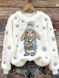 Winter Bunny & Snowflakes Embroidered Cozy Plush Sweatshirt