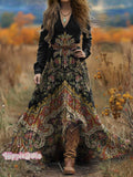 Women's Bohemian Ethnic Art Print V-Neck Long Sleeve Maxi Dress
