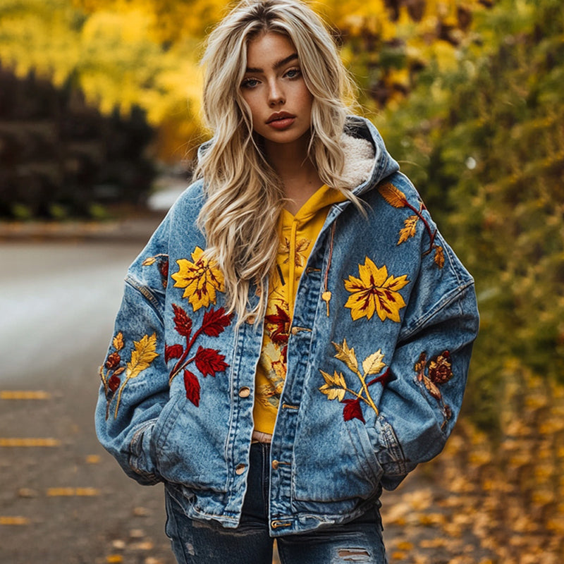 Comstylish Autumn Fashion Maple Leaf Embroidered Denim Print Button Hoodie Cardigan
