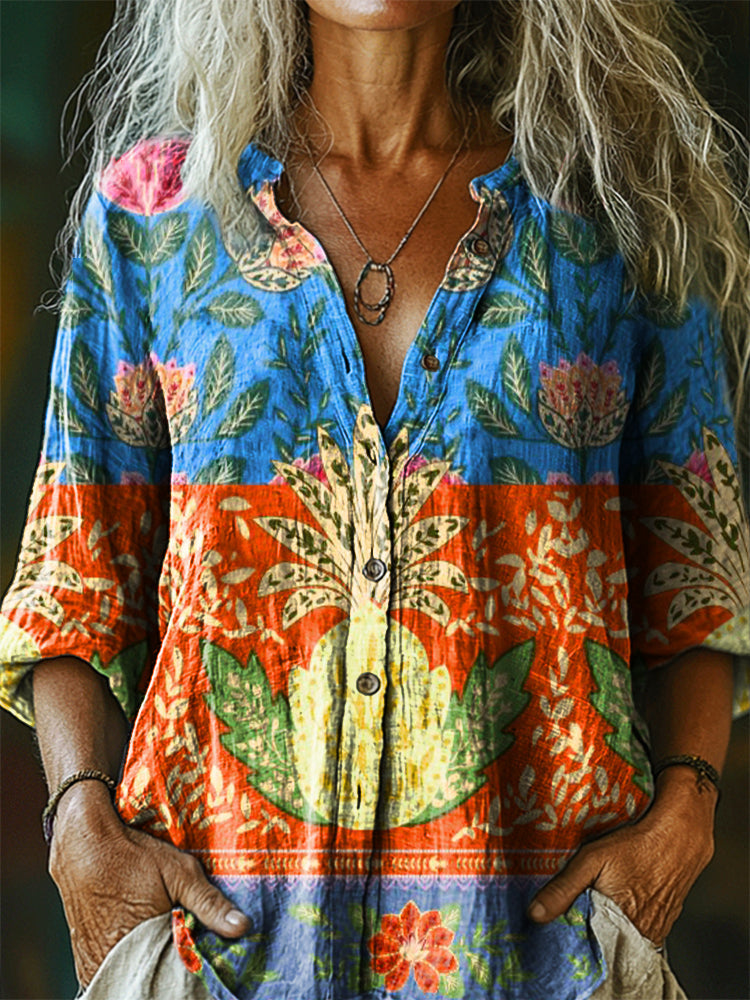 Women's Vintage Bohemian Floral Art Print Casual Cotton Linen Shirt