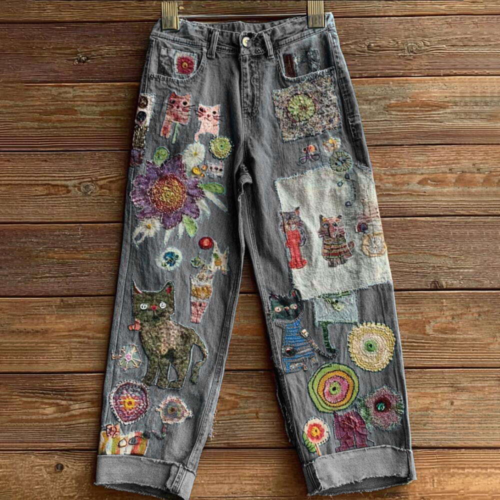 Comstylish Women's Bohemian-style Floral Cat-print Jeans