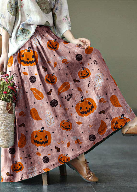 Green Print Ramie Elastic Waist Skirt