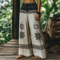 Vintage Bohemian Forest Floral Ethnic Art Printed Cotton Linen Wide Leg Pants artswardrobe