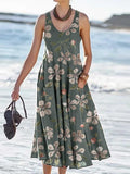 Women's Retro Floral Pattern Tank Top Dress with Pockets