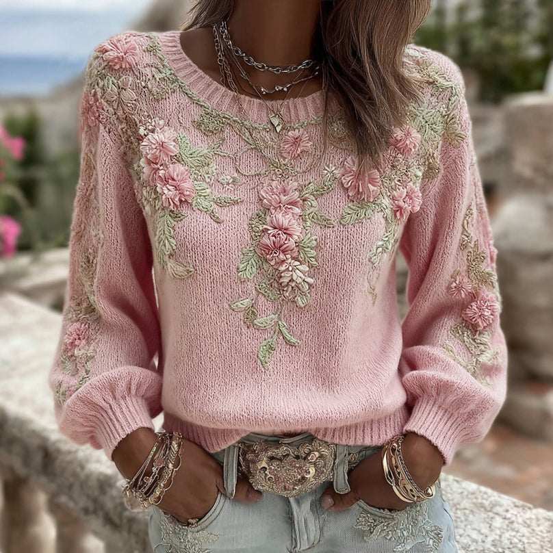 Comstylish Women's Pink Floral Embroidery Art Cozy Knit Pullover Sweater