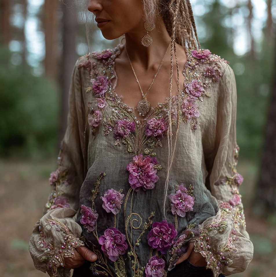 Comstylish Bohemian Style Round Neck Long Sleeve 3d Purple Flower Design Cotton And Linen Top For Women