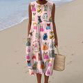Comstylish Women's Cute Cat Art Print Linen Dress