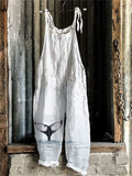 Comstylish Whale Tail Art Print Linen Blend Casual Jumpsuit