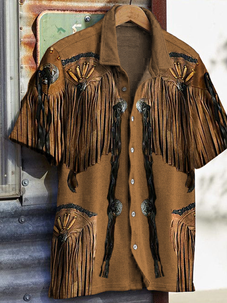 Leather Fringe Vintage Western Men's Short Sleeve Fashion Shirt artswardrobe