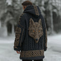 Men's Vintage Viking Celtic Knot Wolf Jacquard Knit Hooded Zipper Sweater Cardigan artswardrobe