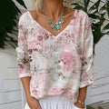 Floral Print V-neck Linen Blend T-shirt artswardrobe