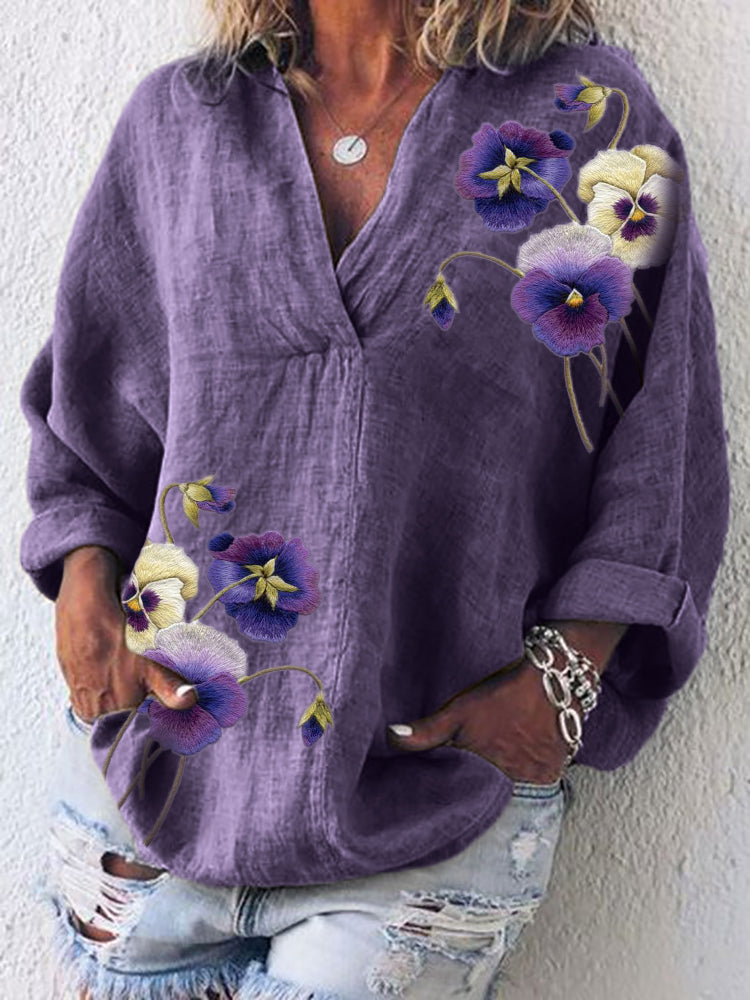 Comstylish Classy Pansy Flowers Embroidered Linen Blend Tunic