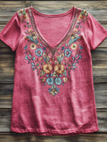 Women's Folk Flower Art Print V-neck Casual Cotton T-Shirt