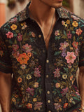 Bohemian Style Three-dimensional Embroidery Multi-colored Flowers Vintage Linen White Men's Lapel Short-sleeved Shirt artswardrobe
